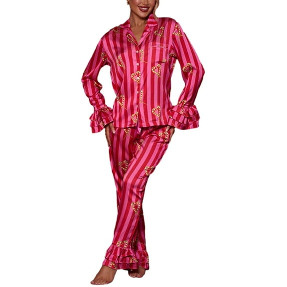 Osdhezcn Women Ruffle Sleeve Sleepwear Pajamas Set Striped Button Up Shirt and Loose Pant