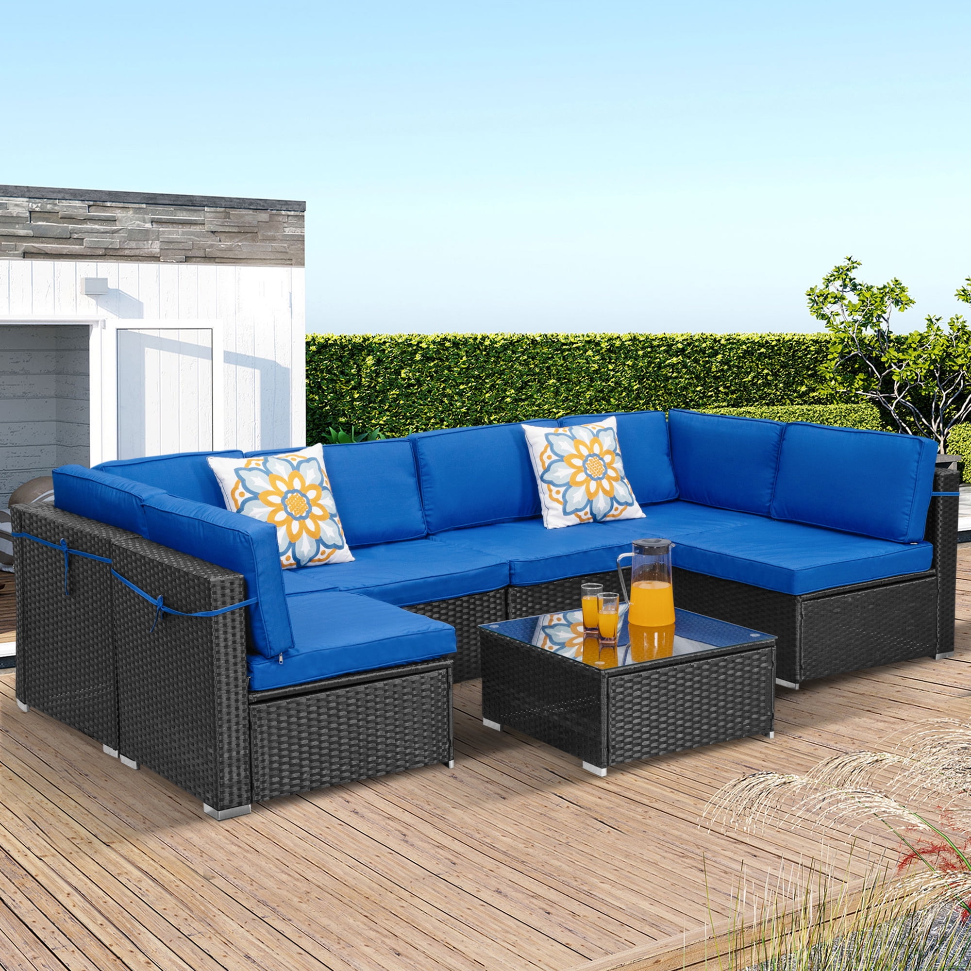 Cozyhom 7 Pieces Patio Black Rattan Blue Cushion Furniture Set,Outdoor