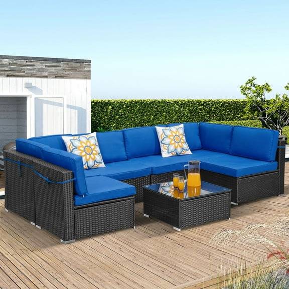 Cozyhom 7 Pieces Patio Black Rattan Blue Cushion Furniture Set,Outdoor Conversation Couch with Coffee Table