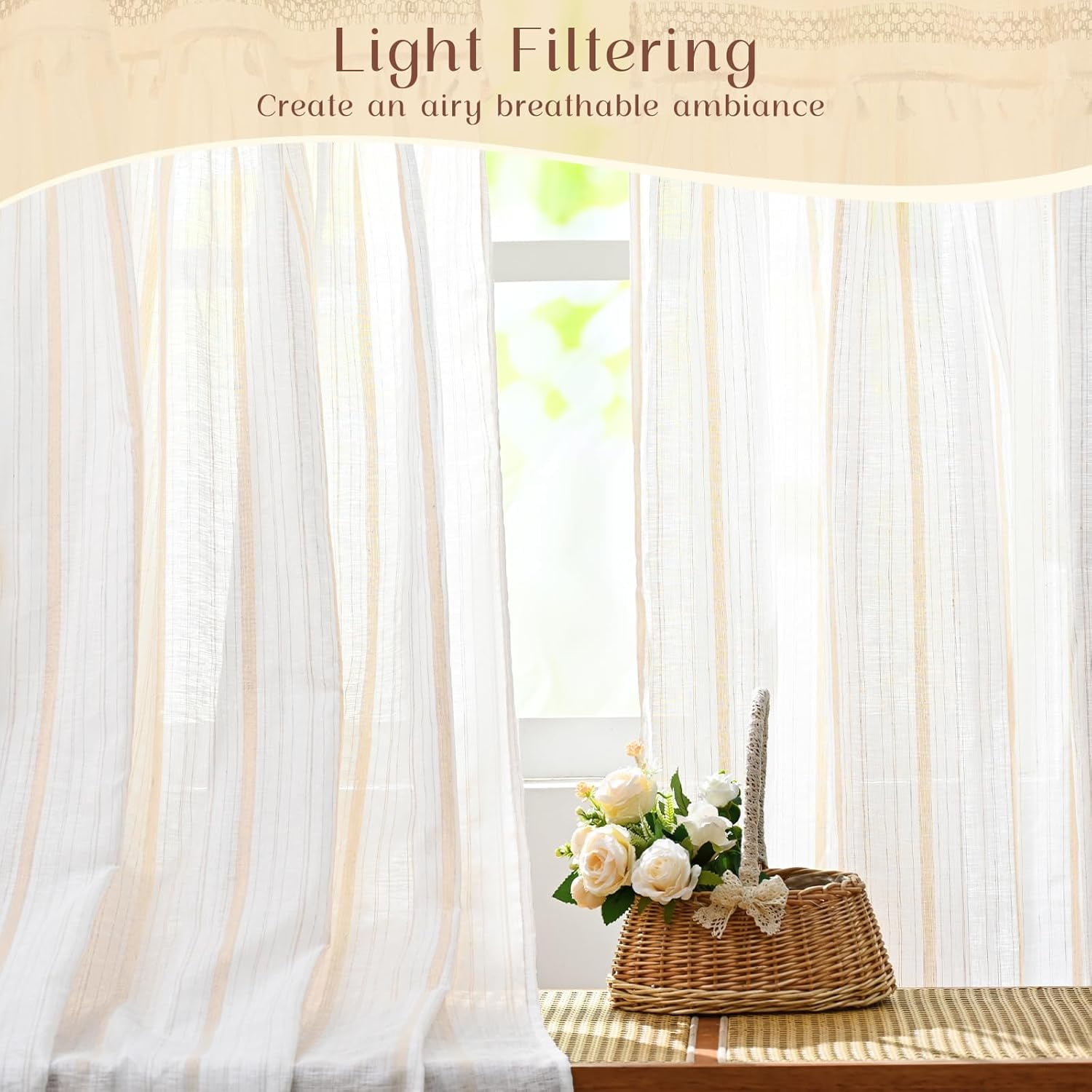 Alishomtll Boho Linen Light Filtering Curtains 84 Inches Long Farmhouse Rustic Striped Drapes Macrame Burlap ,Rod Pocket  ,Beige ,with Tassel