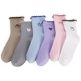 thumbnail image 4 of Bocaoying 6 Pairs Girls Cotton Crew Socks, Cute Ruffle Trim Mid-Calf Socks with Heart Design, Soft Breathable 6 Colors Mix – Fits Small Women US 5-6.5, 4 of 8