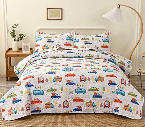 Lightweight Quilts Set Multi-Color Traffic Bedding Twin Size,3Pcs Kids Summer Bedspreads Car Taxi Bus Train Bicycle Printed Bedding Boys Holiday Coverlet Sets
