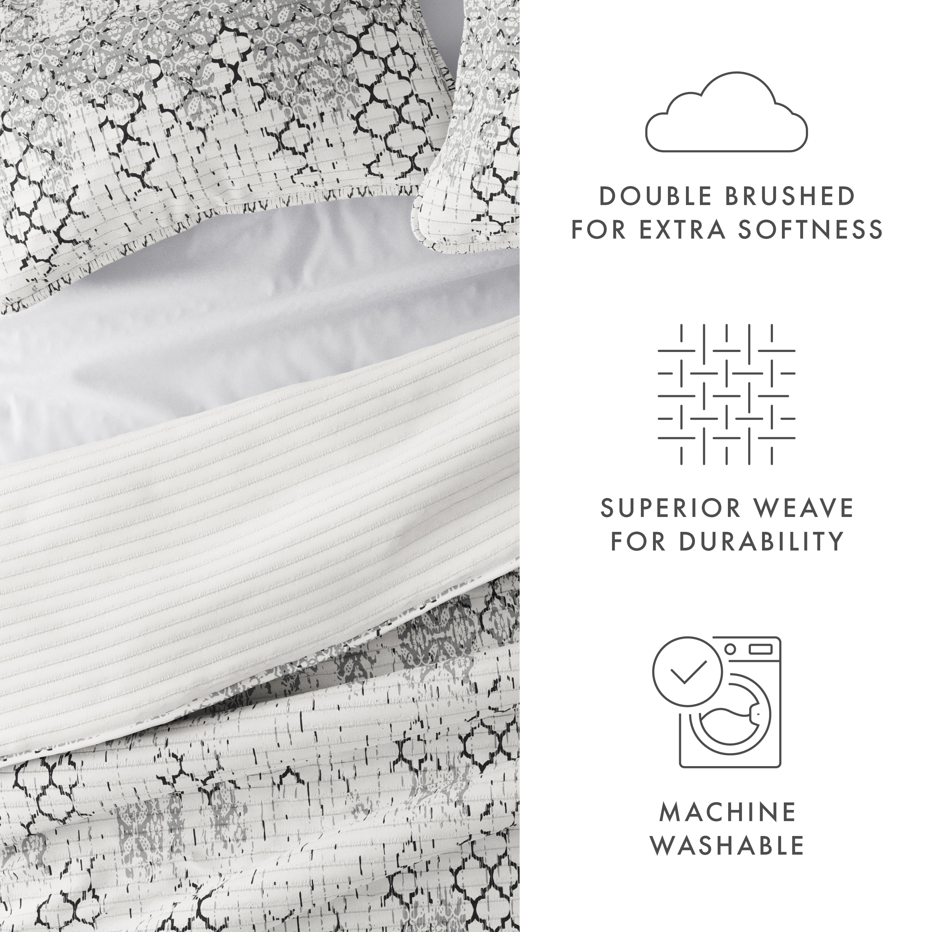 Noble Linens Light Grey 3 Piece Distressed Aztec Reversible Microfiber Quilt Set, Queen / Full