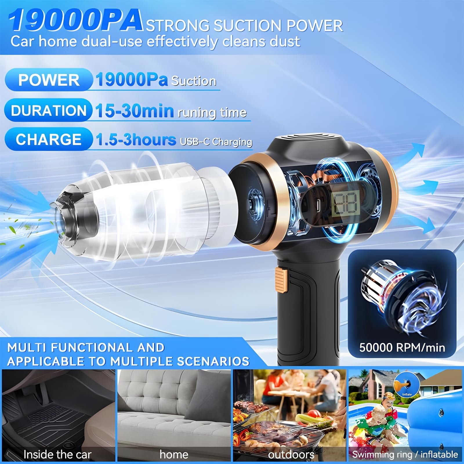Cordless Handheld Vacuum Cleaner, Equipped with Portable Dust Cleaner, Vacuum Brush attachment, and Extra Accessories, Portable Car Vacuum Cordless Rechargeable for Wet and Dry