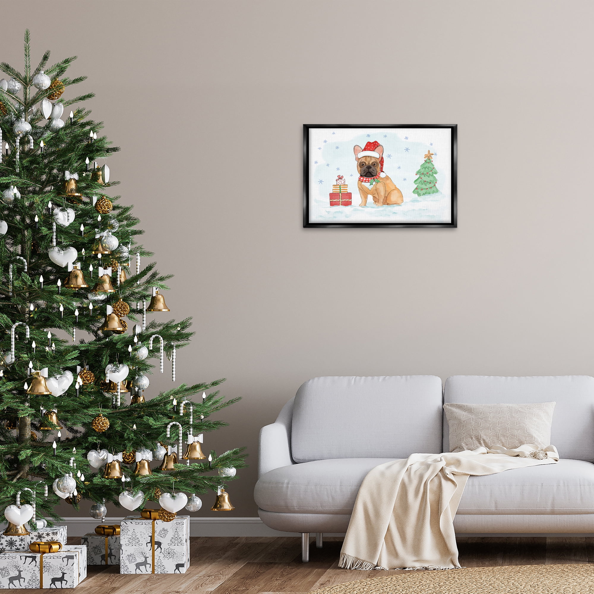 Stupell Industries Holiday Dog in Snow Holiday Painting Black Floater Framed Canvas Art Prints Wall Art, 25 x 17