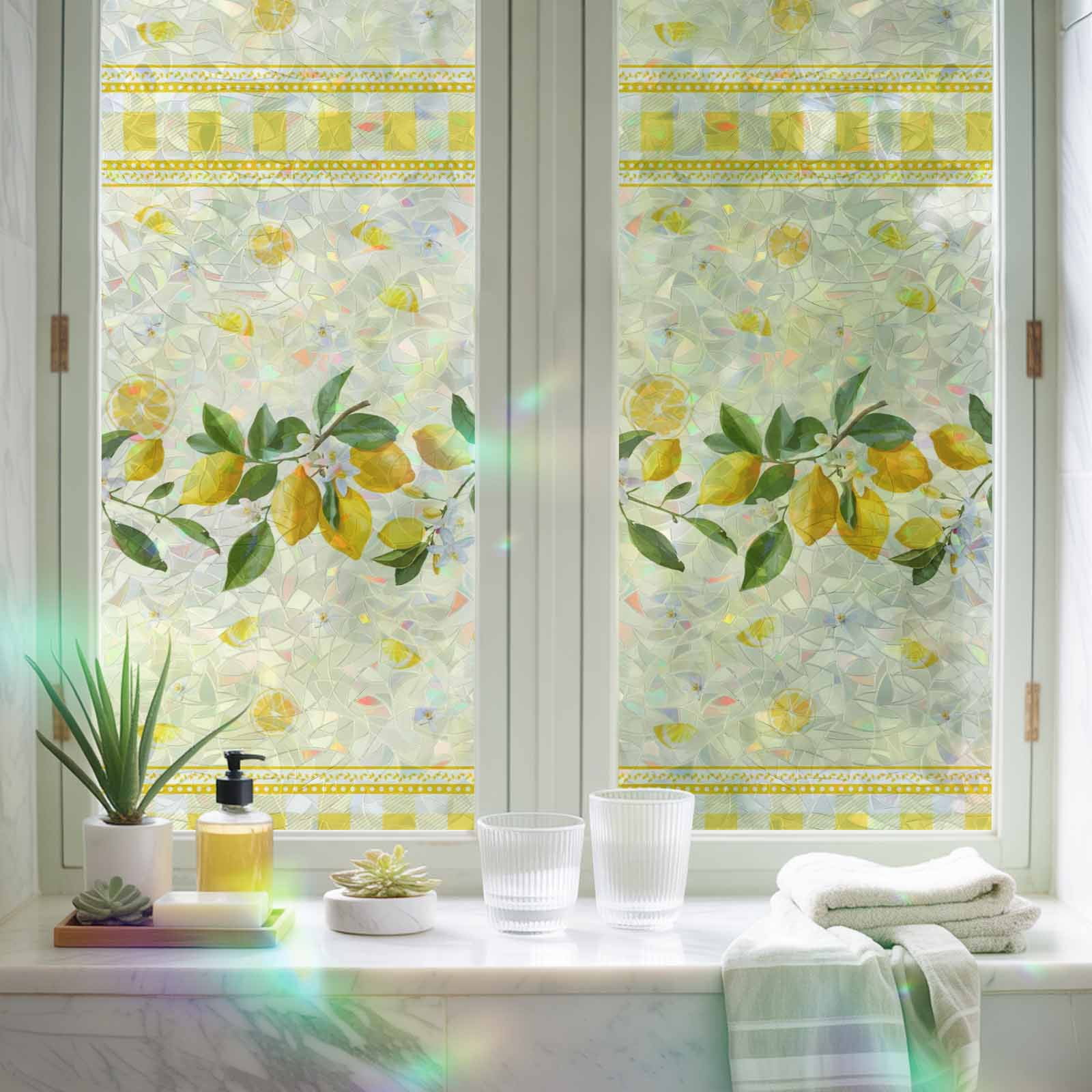 Yellow Lemons Window Privacy Film Rainbow Static Cling Stain Glass Window Film for Glass Door, Decorative Sunroof Decal Sticker for Car Bathroom 23.6"x59" Summer Botanical Checkered Farmhouse