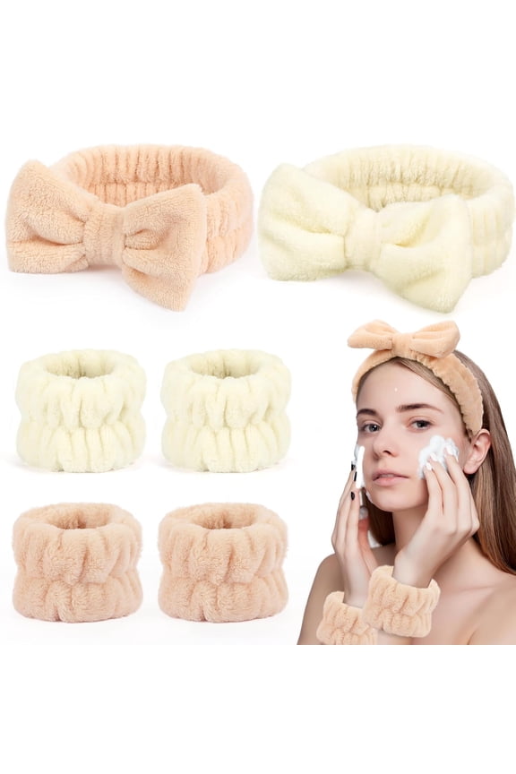 Spa Headbands for Women with Wristband Set: Facial Makeup Headbands for Girls & Teens - Soft Coral Fleece Elastic Hair Wraps with Wrist Accessories for Washing Face Shower Bath Beauty Skincare Gifts