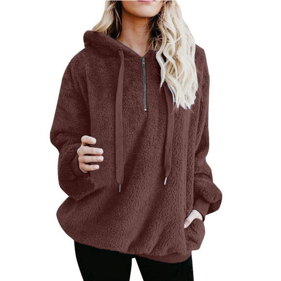 jsaierl Sherpa Hoodies for Women Quarter Zip Pullover Long Sleeve Fleece Hooded Sweatshirt Casual Winter Warm Sweater with Pocket