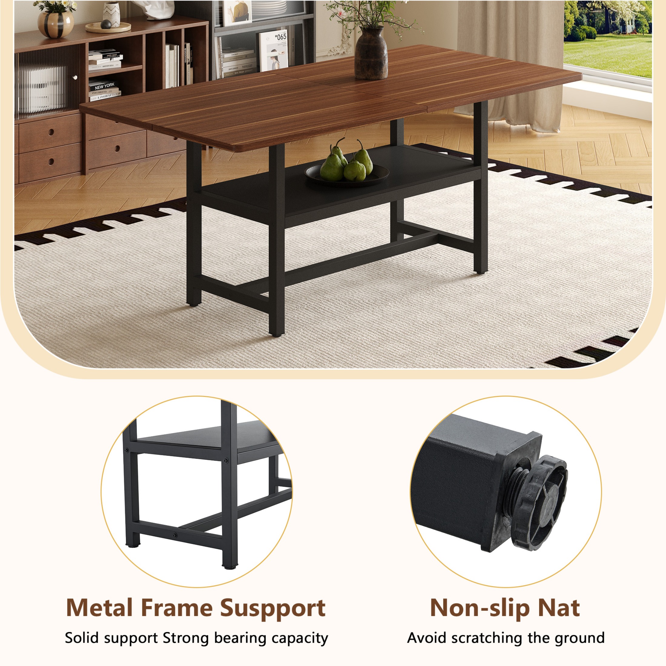 71" Dining Table, Minimalist Kitchen Table for 4-6, MDF Dinner Table with Metal Legs, for Kitchen, Dining Room, Walnut