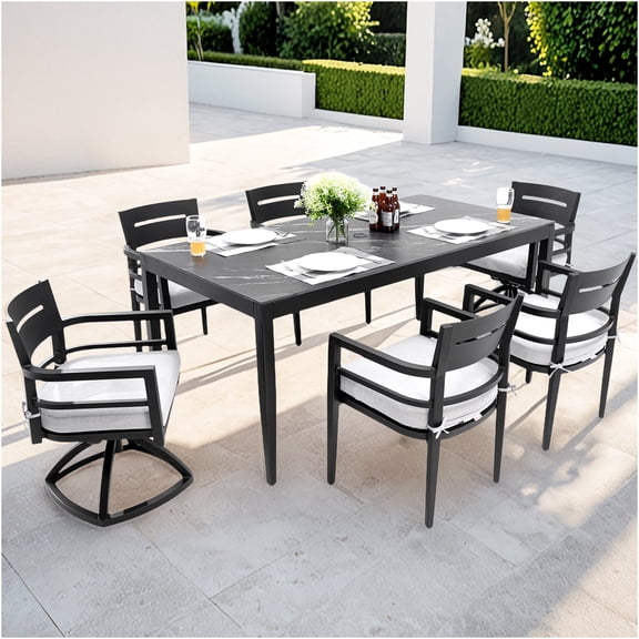 JERFIT 7-Piece Outdoor Dining Set with Swivel Rockers, Black Marble Table, Weatherproof Aluminum Patio Furniture for 6 with Sunbrella Cushions