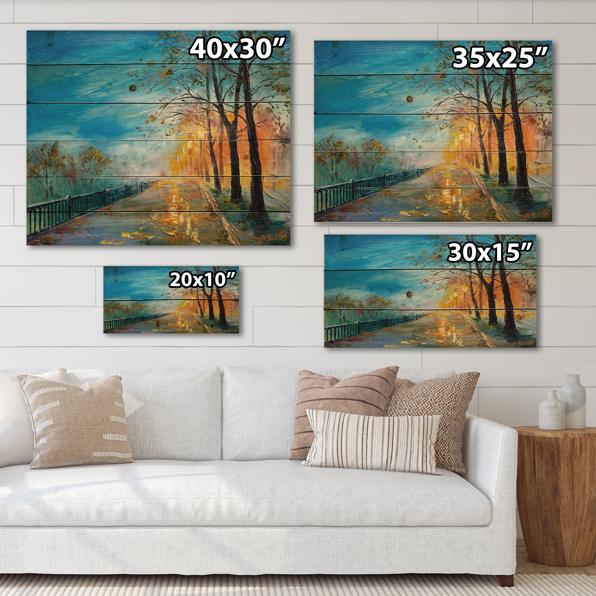 Designart 'Autumn Road in Evening' Traditional Print on Natural Pine Wood