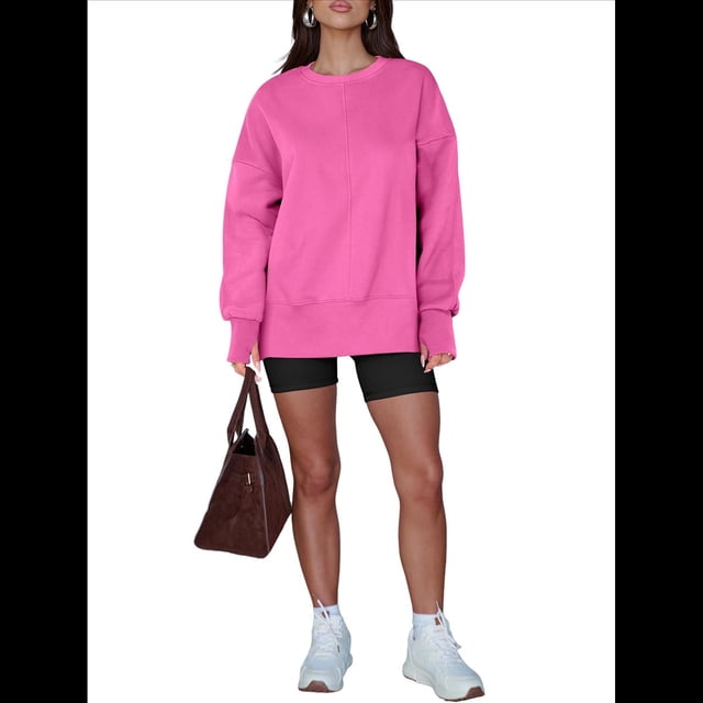 Sudaderas de Gran Tamaño para Mujer, Sudaderas con Capucha de Larga con Abertura para el Pulgar, Camisetas con Abertura Lateral, Tops Estilo Y2K Rosa Brillante L