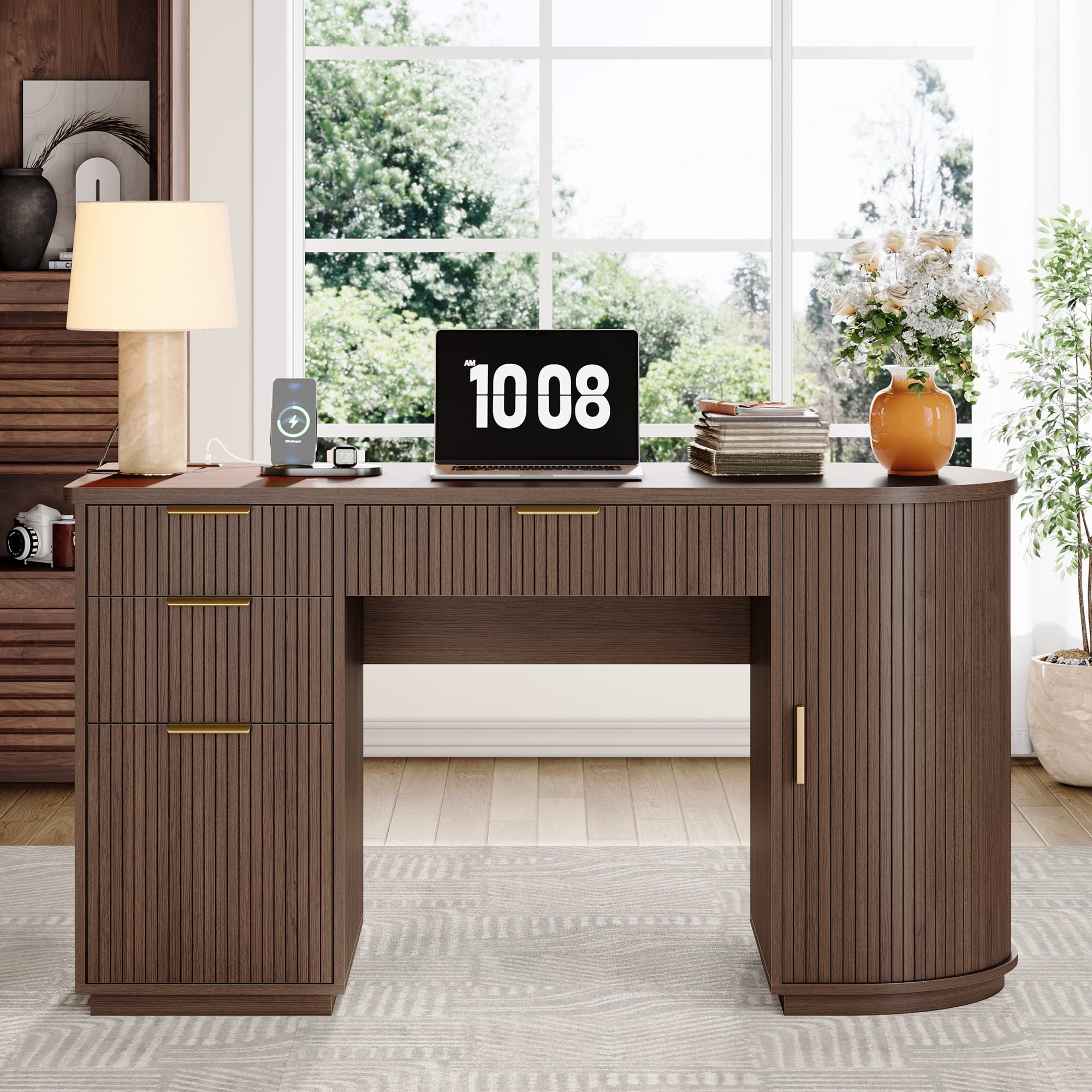 55 Inch Fluted Executive Desk, Mid Century Modern Home Office Desk with Drawers and Charging Station, Wood Computer Desk with File Drawer & Storage Cabinet, Walnut