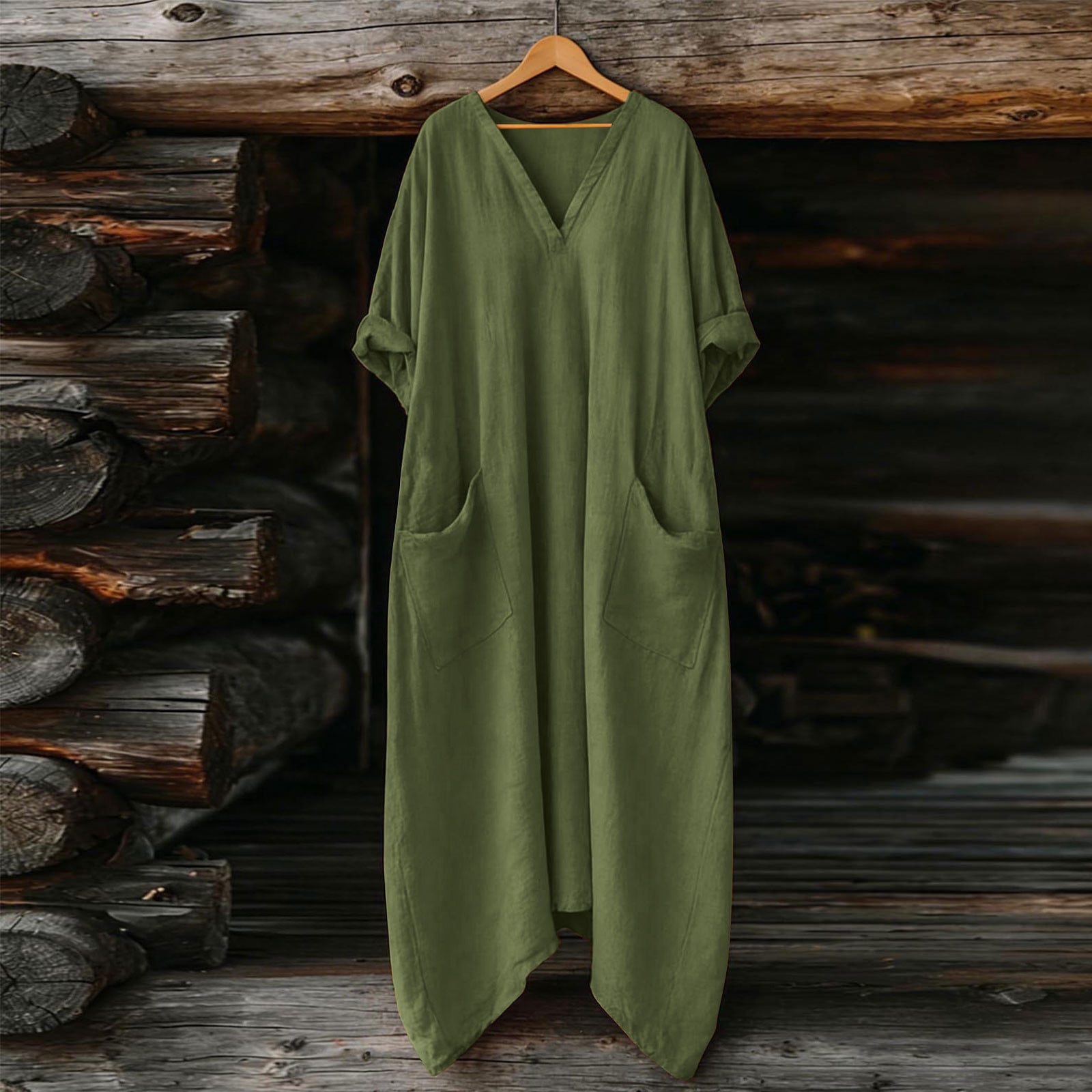 Dresses for Women, Womens Casual Loose Cotton Linen Long Shirt Dress, V-Neck Cuffed Sleeve Side Split Dresses with Pockets