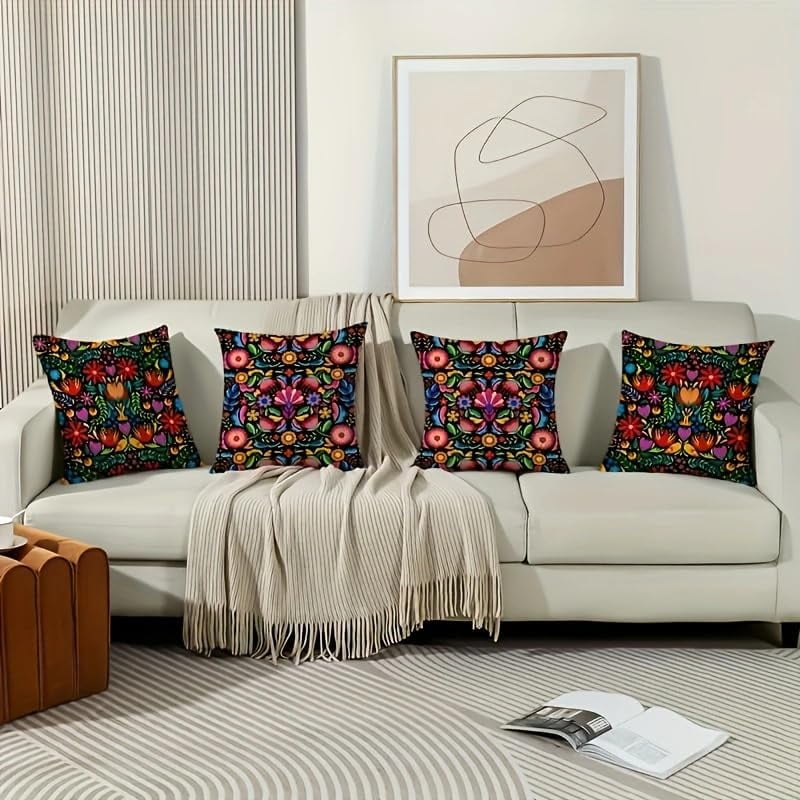 4pcs Mexican Fiesta Throw Pillow Covers,Set of 4 Dragonfly Flower Dahlia Pillow Cases Day of The Dead Dia De Los Muertos Cinco De Mayo Decorations, Short Plush Material 18x18 Pillows