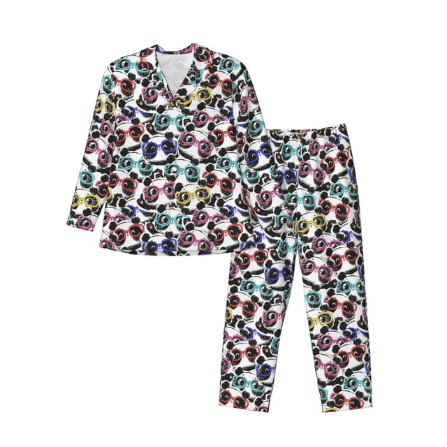 Balery Panda And Glasses Pijama para Hombre de Dos Piezas con Manga Larga, Conjunto de Dormir y Descanso Suave con Bolsillos-X-Large