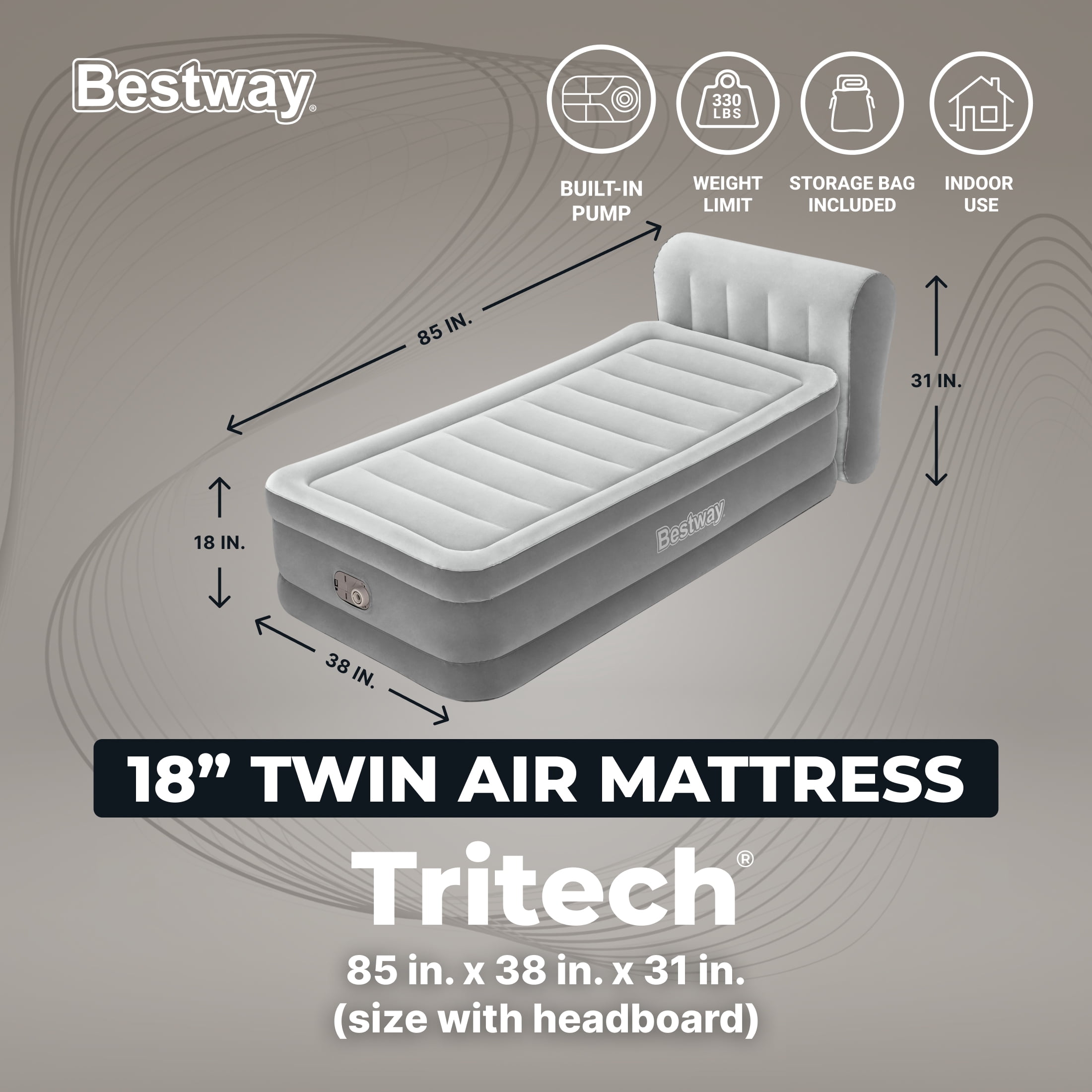 Bestway® Headboard Tritech Air Mattress Twin 18" with built-in AC pump