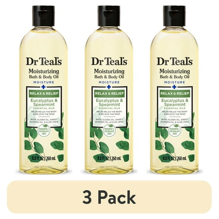(3 pack) Dr Teal's Bath & Body Oil, Moisture + Rejuvenating Eucalyptus & Spearmint Essential Oils, 8.8 fl oz.