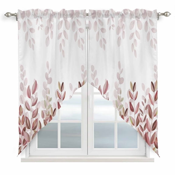 Spring Reddish Brown Eucalyptus Swag Valances for Windows, Kitchen Window Curtains Over Sink, Botanical Leaf Country Window Treatment Curtains for Living Room/Bedroom Curtains 2 Panel Sets 36"x45"