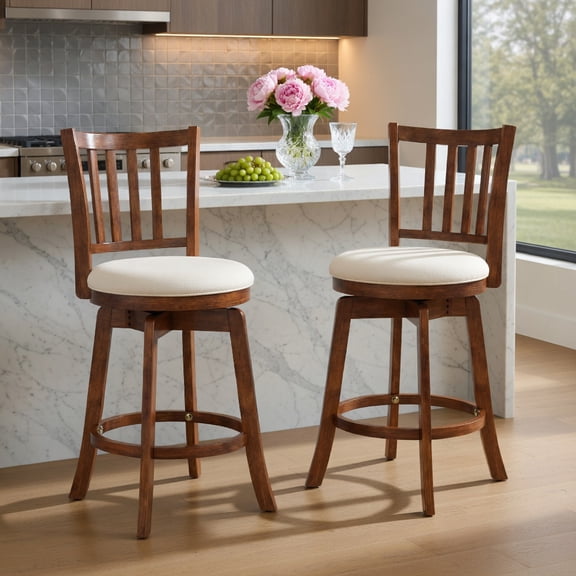 Resenkos 24 Inch Counter Height Chairs Set of 2, 360 Degree Rotating Upholstered Seat with Backrest for Kitchen, Home Bar, Brown