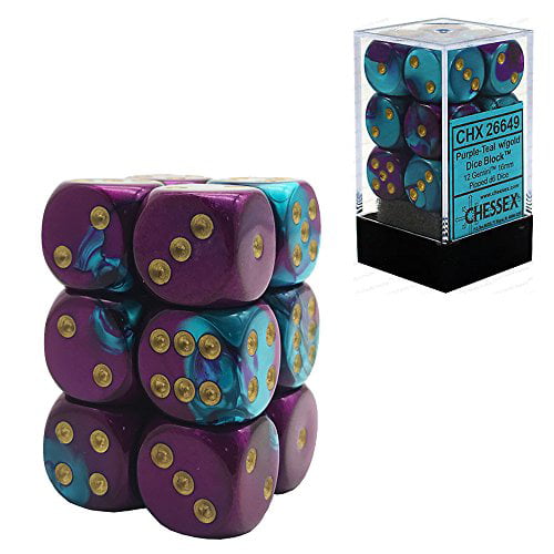 12 Chessex Dice d6 Sets Gemini Purple/Teal with Gold 16mm 6 Sided Die