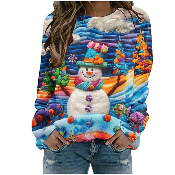 asdoklhq Christmas Fall Sweaters for Women Womens' Christmas Santa Claus Printed Shoulder Length Long Sleeved Round Neck Top/shirt Multicolor 3X