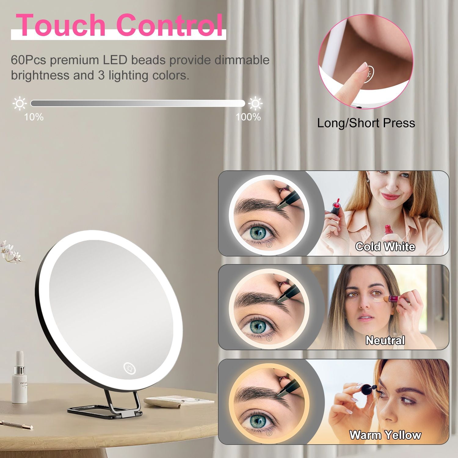 30X Magnifying Mirror With Light 3 Colors Dimmable Brightness Included Tweezer Scissor Travel Magnifying Makeup Mirror with Suction Cup 360° Adjustable Stand