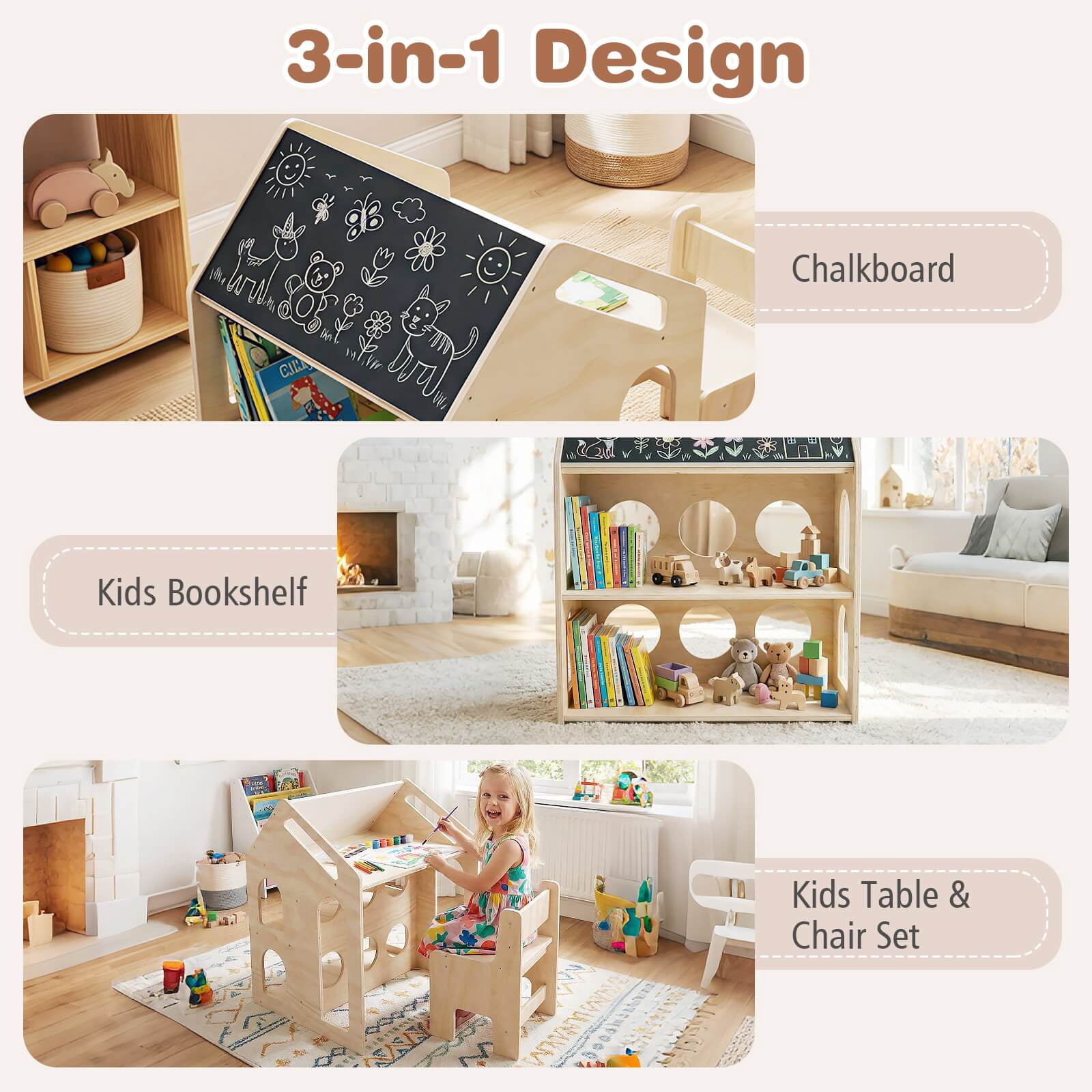 Costway House-shaped Kids Table & Chair Set with Top Chalkboard, 2 Open Storage Shelves Natural + Black