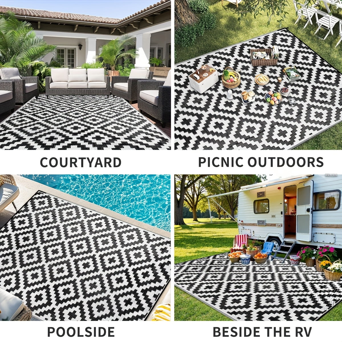 Kzaei Waterproof Outdoor Rug, 8'x10' Reversible Plastic Camping Area Rugs, Black & White