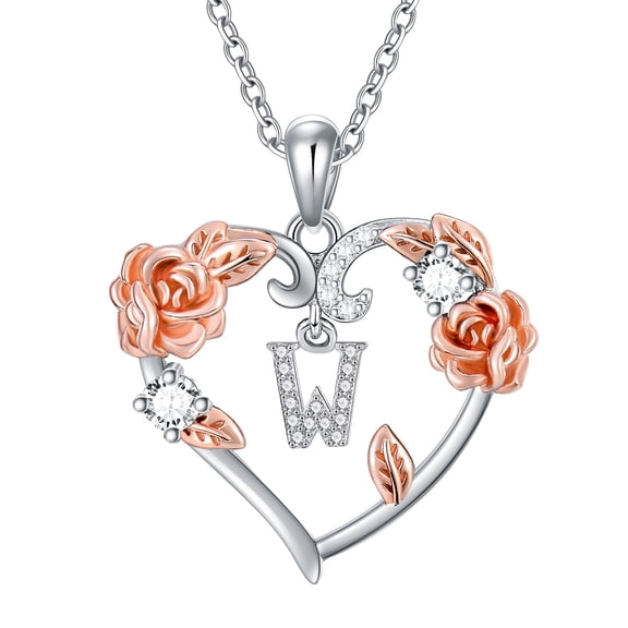 YAFEINI Rose Heart Necklaces Gifts for Women, 925 Sterling Silver Rose Love Heart Initial Letter Pendant Necklace Jewelry Mothers Day Valentines Christmas Birthday Gifts for Her Mom Wife Girlfriend-W