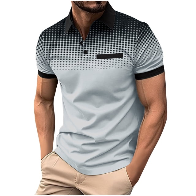 Penkiiy T-Shirts à Pois Dégradés pour Hommes Col Rabattu Bouton Sport Manches Courtes Col Rabattu Mode Décontractée L Gris