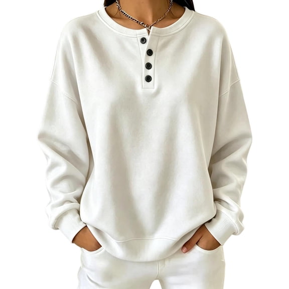 Sevevn Women's Henley Half Button Fleece Loose Long Sleeve Pullover Sweatshirt Fall Winter