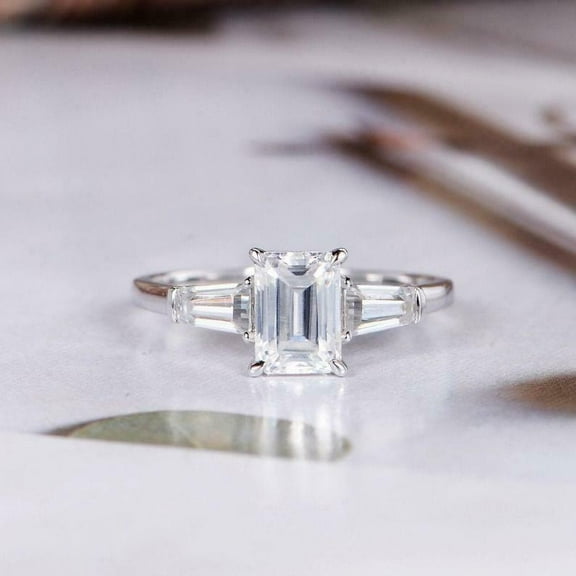 Veda Jewel 1.8 Ct Emerald Cut Diamond Ring - 14K White Gold Plated Three Stone Ring for Her - Simple Design for Her - Perfect Choice for Celebrating Your Love - Make Every Moment Memorable