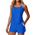 thumbnail image 4 of Costeam Womens Contrast White Trim Spaghetti Strap 2 Piece Outfit Set Loose Sleeveless Tank Top and Pull On Shorts with Side Pockets Elastic High Waist Solid Color Casual Matching Loungewear Suit, 4 of 8
