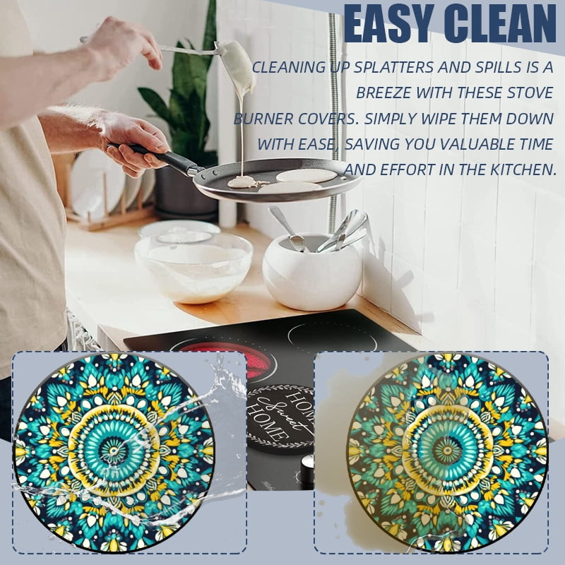 Round Burner Covers for Electric Stove, Teal Yellow Peacock Feather Mandala Print Metal Cooktop Kitchen Decor Set of 4, 8 Inches and 10 Inches