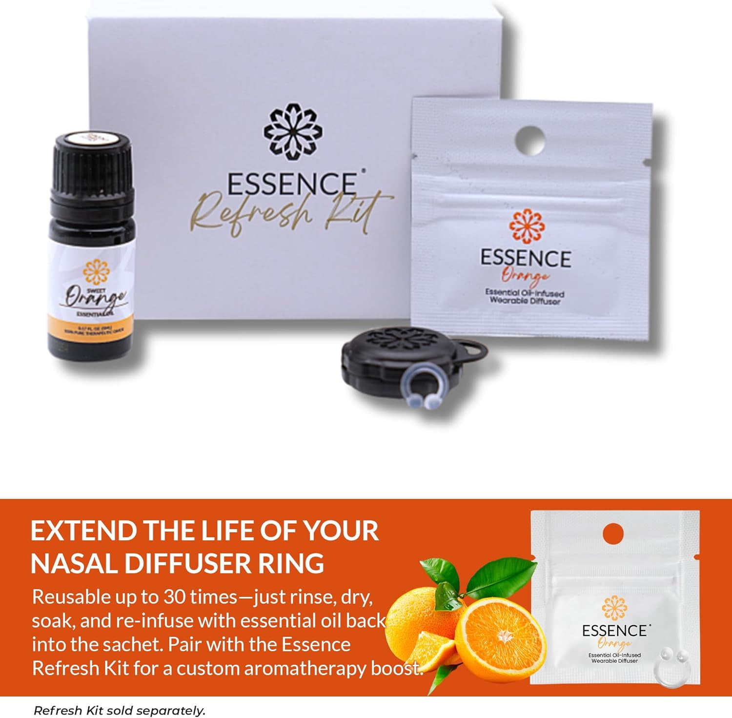 Essence Aromatherapy Nasal Diffuser Ring – Orange – 3pk – Personal Wearable Essential Oil Inhaler