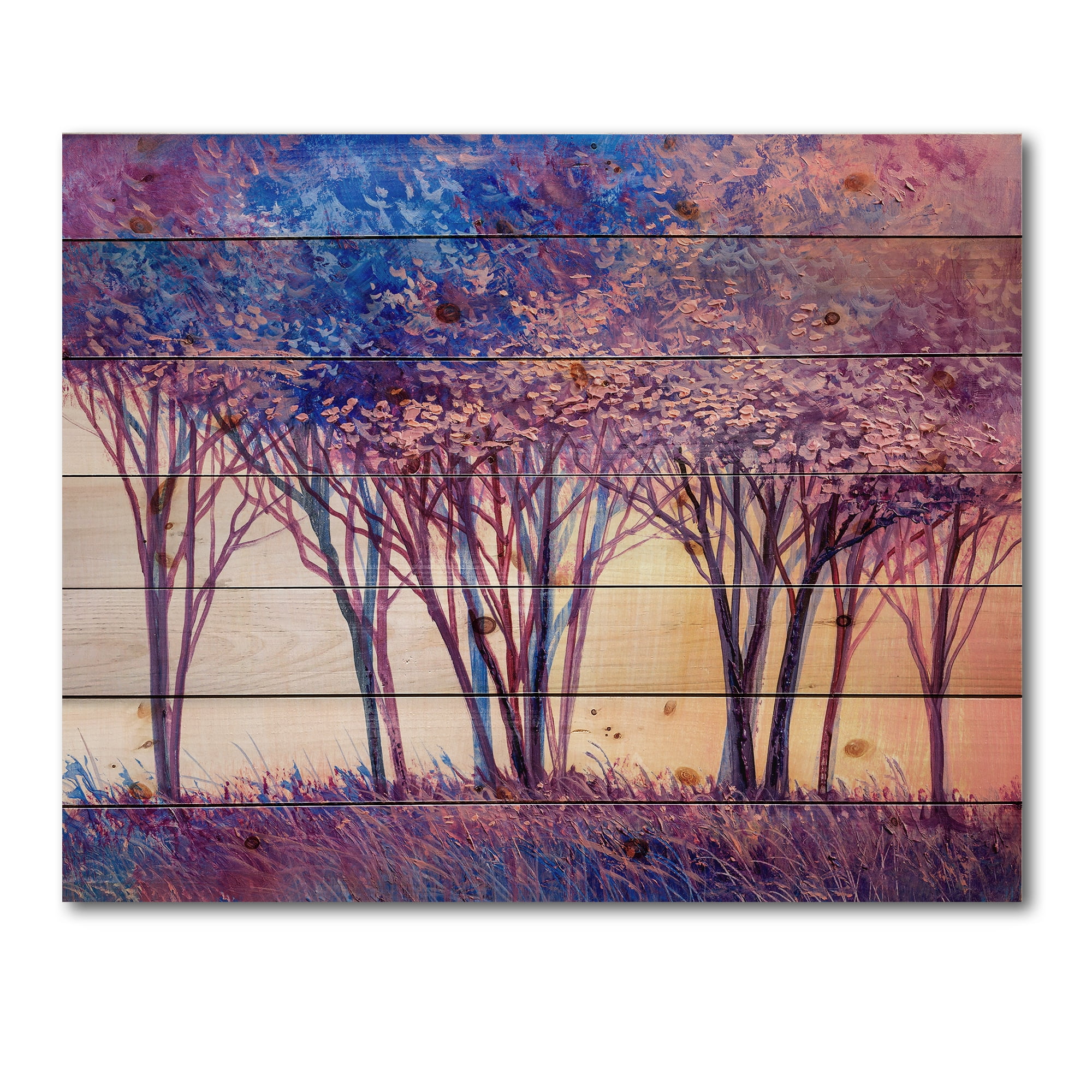 Designart 'Colorful Blue Trees Abstract Forest Landscape' Modern Print on Natural Pine Wood