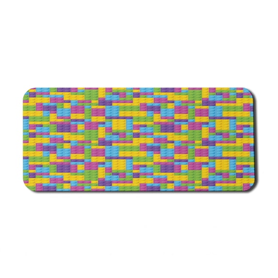 Cartoon Computer Mouse Pad, Colorful Plastic Construction Blocks Cube Geometric Childhood Illustration, Rectangle Non-Slip Rubber Mousepad X-Large, 35" x 15", Purple Green Blue, by Ambesonne