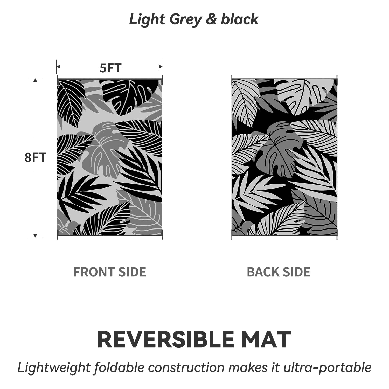 VUNATE Outdoor Rug Carpet 5'x8' Waterproof Reversible Patio Rug Portable Indoor Outdoor Rug Plastic Straw Rug for Beach RV Camping Garden Picnic Deck Backyard Tropical Porch Decor Gray and Black