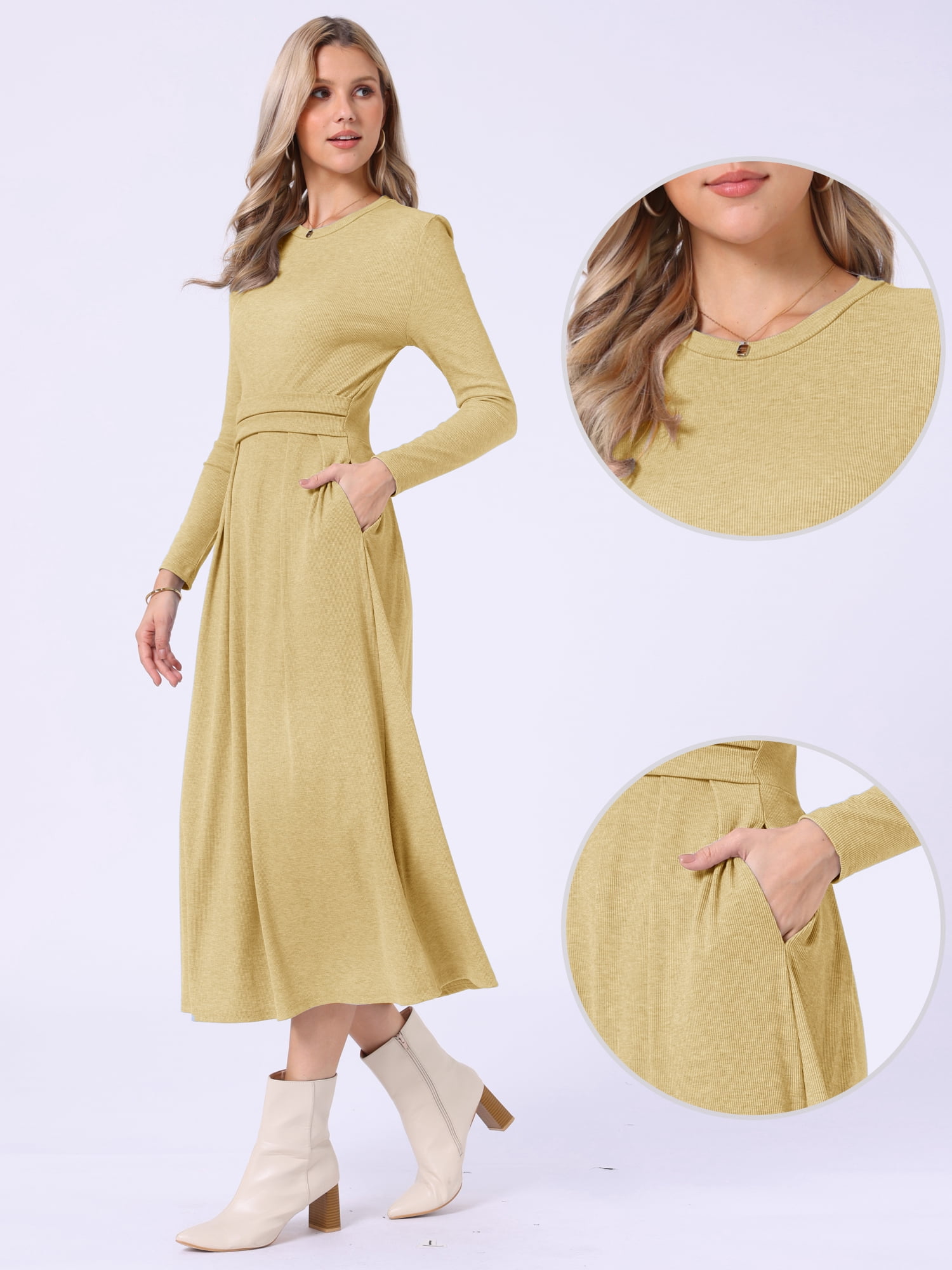 DARING DIVA Women's Long Sleeve Maxi Casual Formal Spring A-Line Dress M Yellow