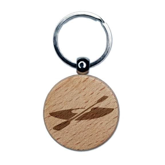 Kayak with Paddle Round Keychain Charm Tag - Engraved Wood
