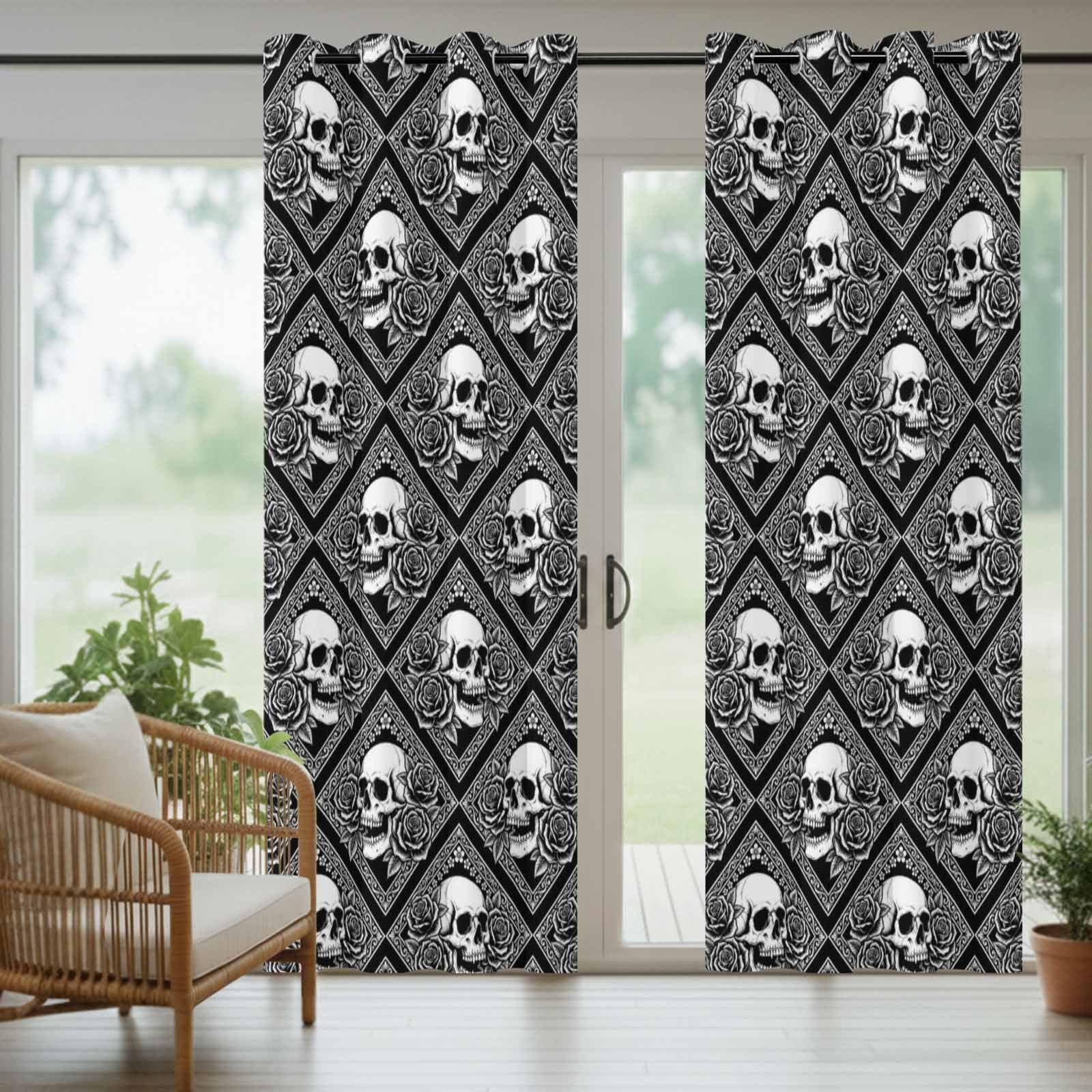 Gray Skulls Outdoor Curtains for Patio, Abstract Baroque Dark Rose Rustic Plants Farmhouse Sunshade Privacy Drapes Grommet Waterproof Outside Curtains for Porch/Cabana/Balcony 54"x 108", 1 Panel