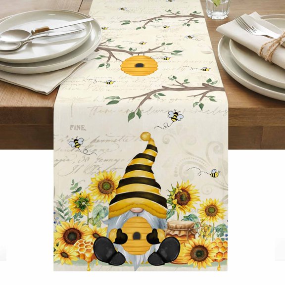 Gnomes Sunflower Table Runner - 120 Inch Long, Kitchen Dining Table Runner Dresser Scarves, Bees Branches Floral Elegant Pastoral Farmhouse Decor for Coffee Tables Wedding Party Banquet