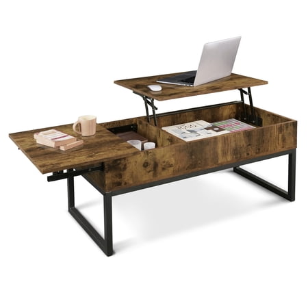 CAPHAUS Lift Top Coffee Table w/ Sliding Drawer, Rising Tabletop Coffee Table w/ Hidden Compartment & Sliding Drawer, Storage Coffee Table w/ Lift & Sliding Top for Living Room, 41" Rustic Oak