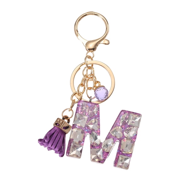 Initial Letter Keychain, Cute Alphabet Letter-M Charm with Tassel Ball, Purple