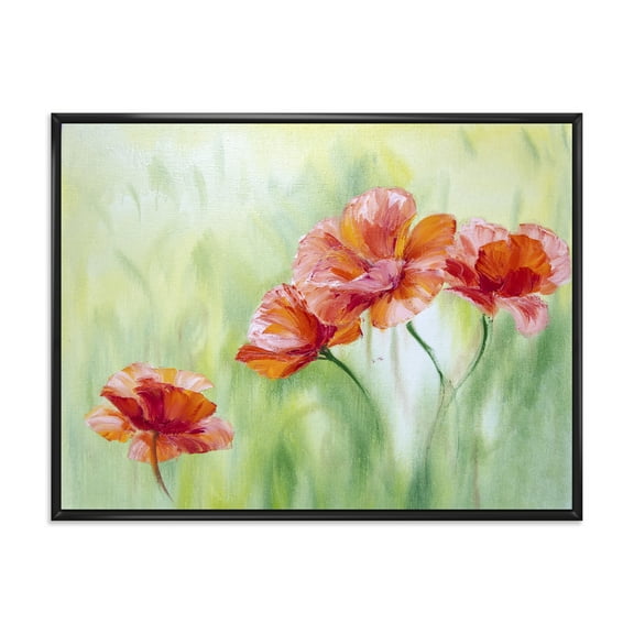 Designart 'Red Blossoming Poppies Over Wild Green I' Traditional Framed Canvas Wall Art Print