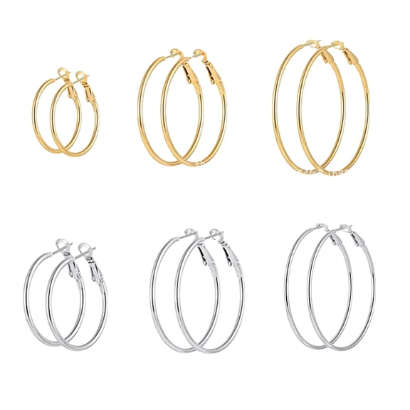 6 Pairs Gold and Silver Hoop Earrings Set for Women, 14K Gold Plated Stainless Steel Hoops, Hypoallergenic Lightweight Earrings, 30mm 40mm 50mm