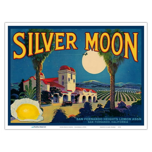 Lemons - Silver Moon Brand - San Fernando California - Vintage Fruit Crate Label c.1930s - Master Art Print (Unframed) 9in x 12in