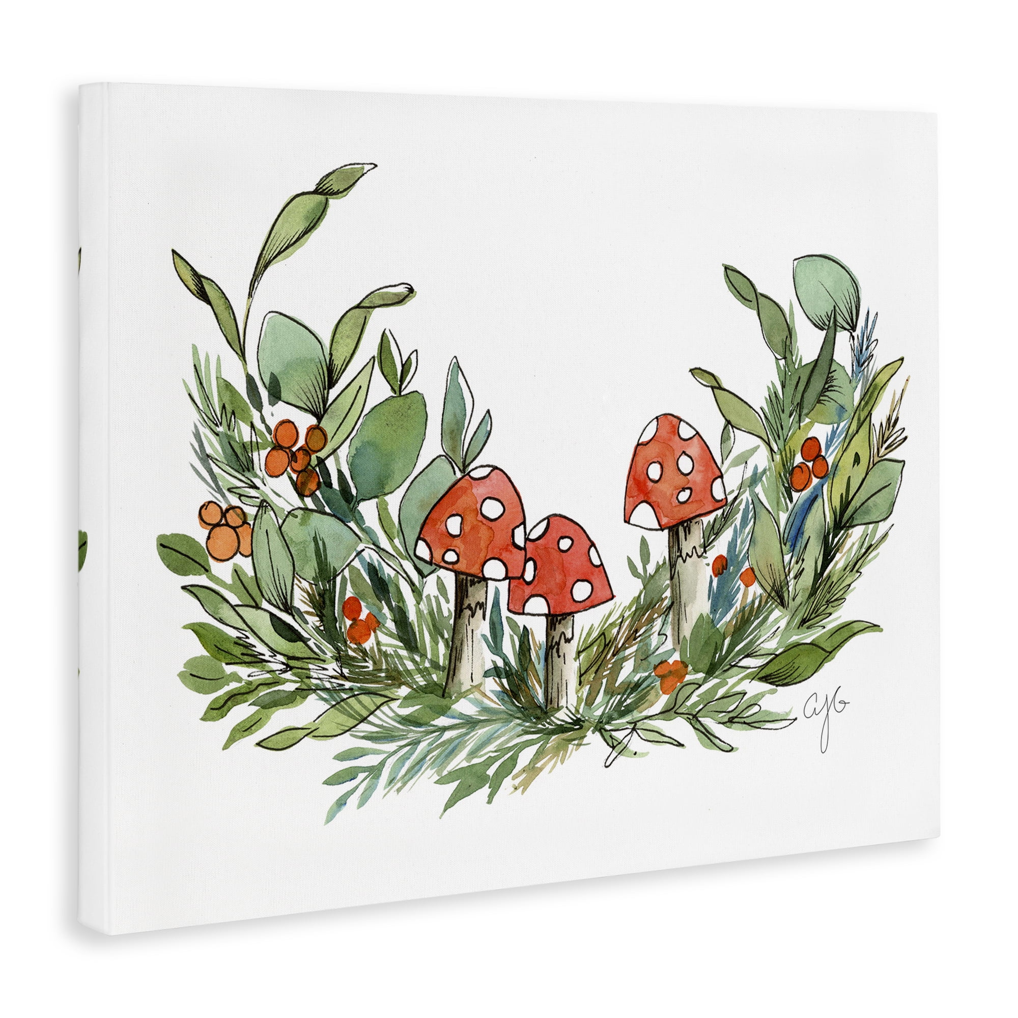 Stupell Industries Mushrooms and Greens Plants & Flowers Painting Wrapped Canvas Art Print Wall Art, 40 x 30