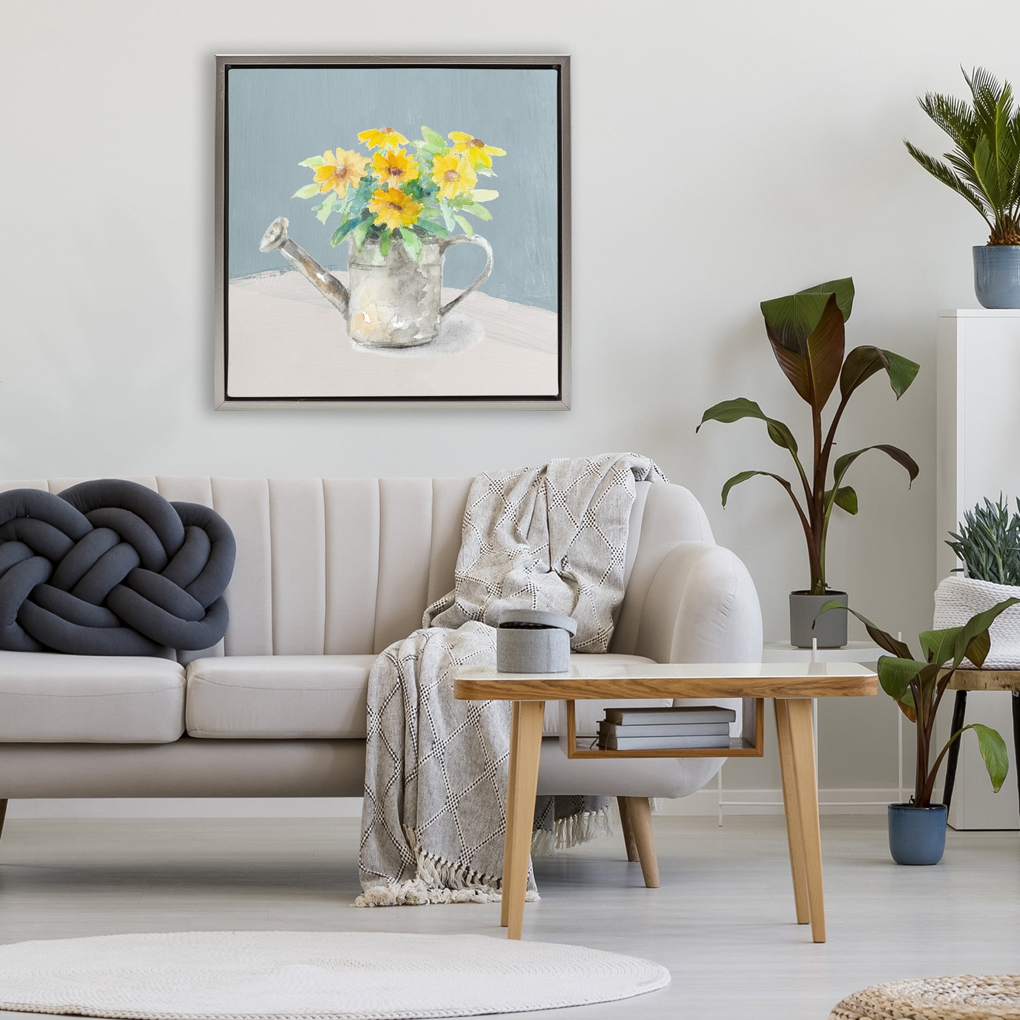 Stupell Industries Daisies in Watering Can Gray Framed Floater Canvas Wall Art, design by Lanie Loreth
